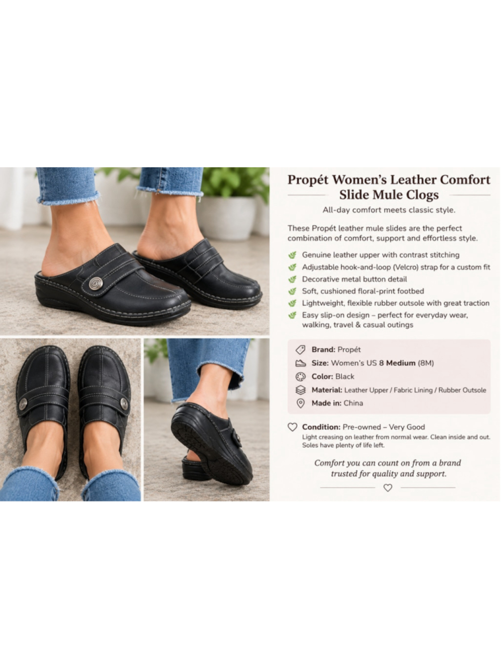Propét Women's Leather Comfort Clogs Black Size 8